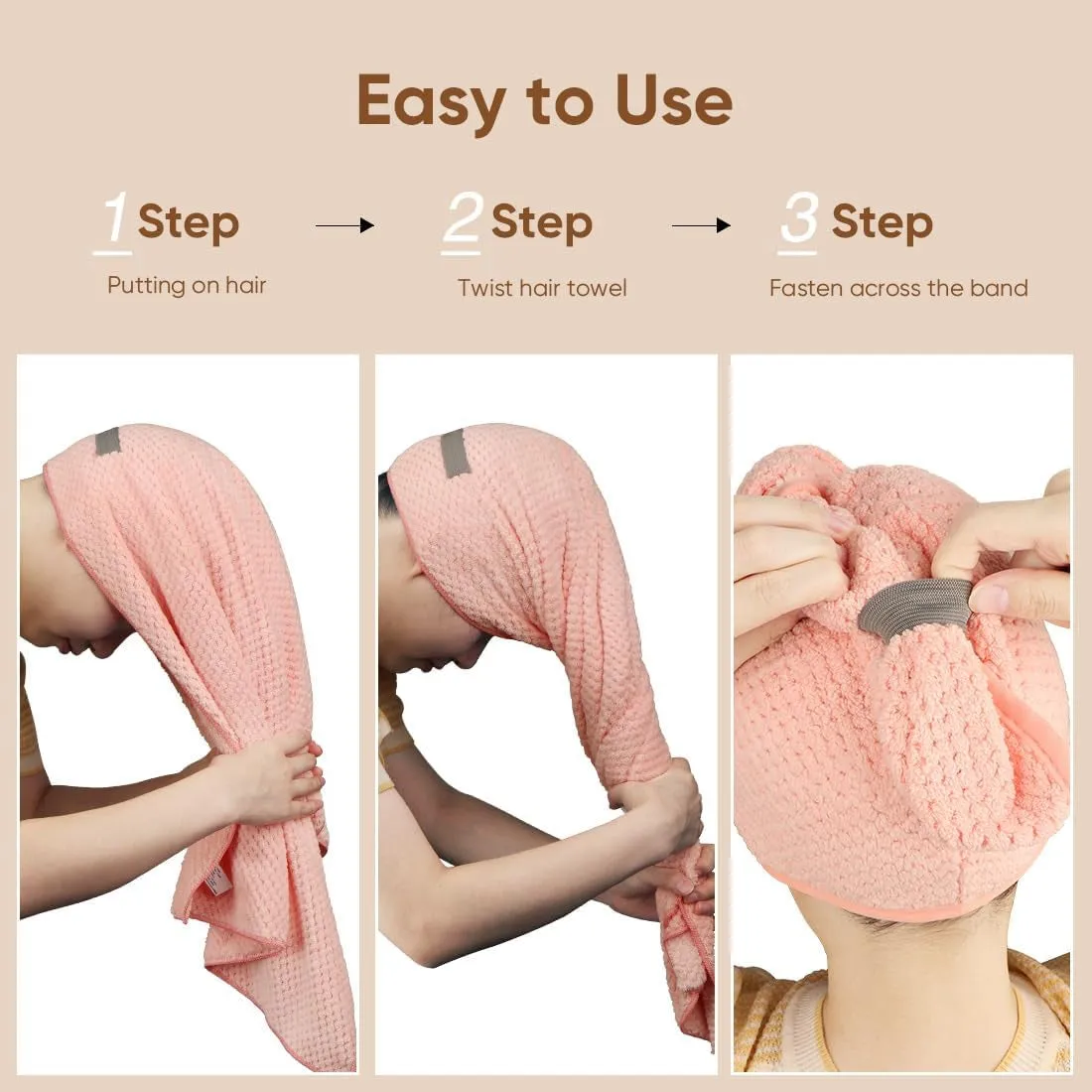 5 Pack Microfiber Hair Towels - 40 X 20 Inches Super Soft, Fast Drying Turbans for Long, Thick, Curly Hair - anti Frizz Wrap with Elastic Strap