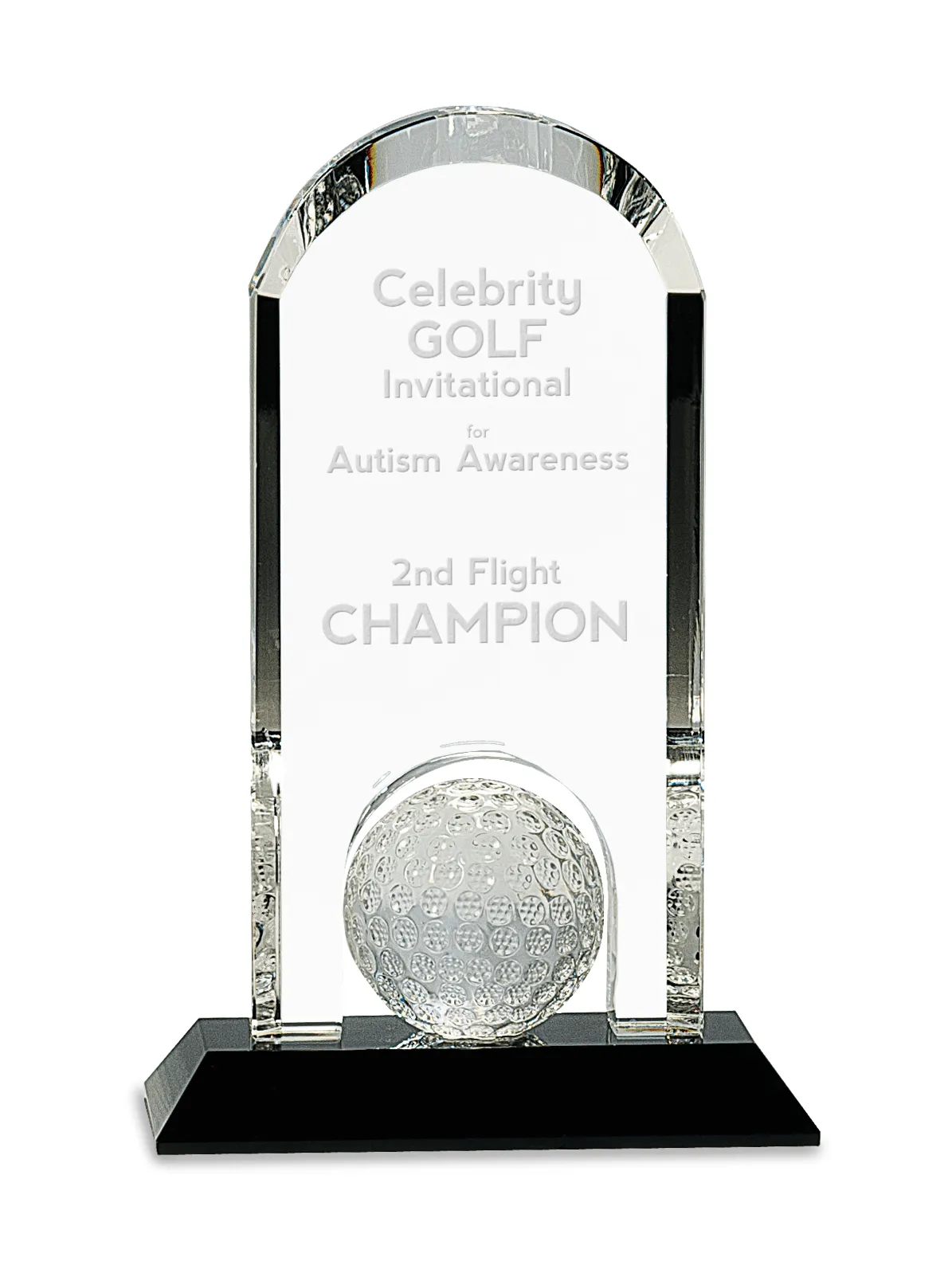 9" Clear Crystal Dome with Inset Golf Ball on Black Pedestal Base
