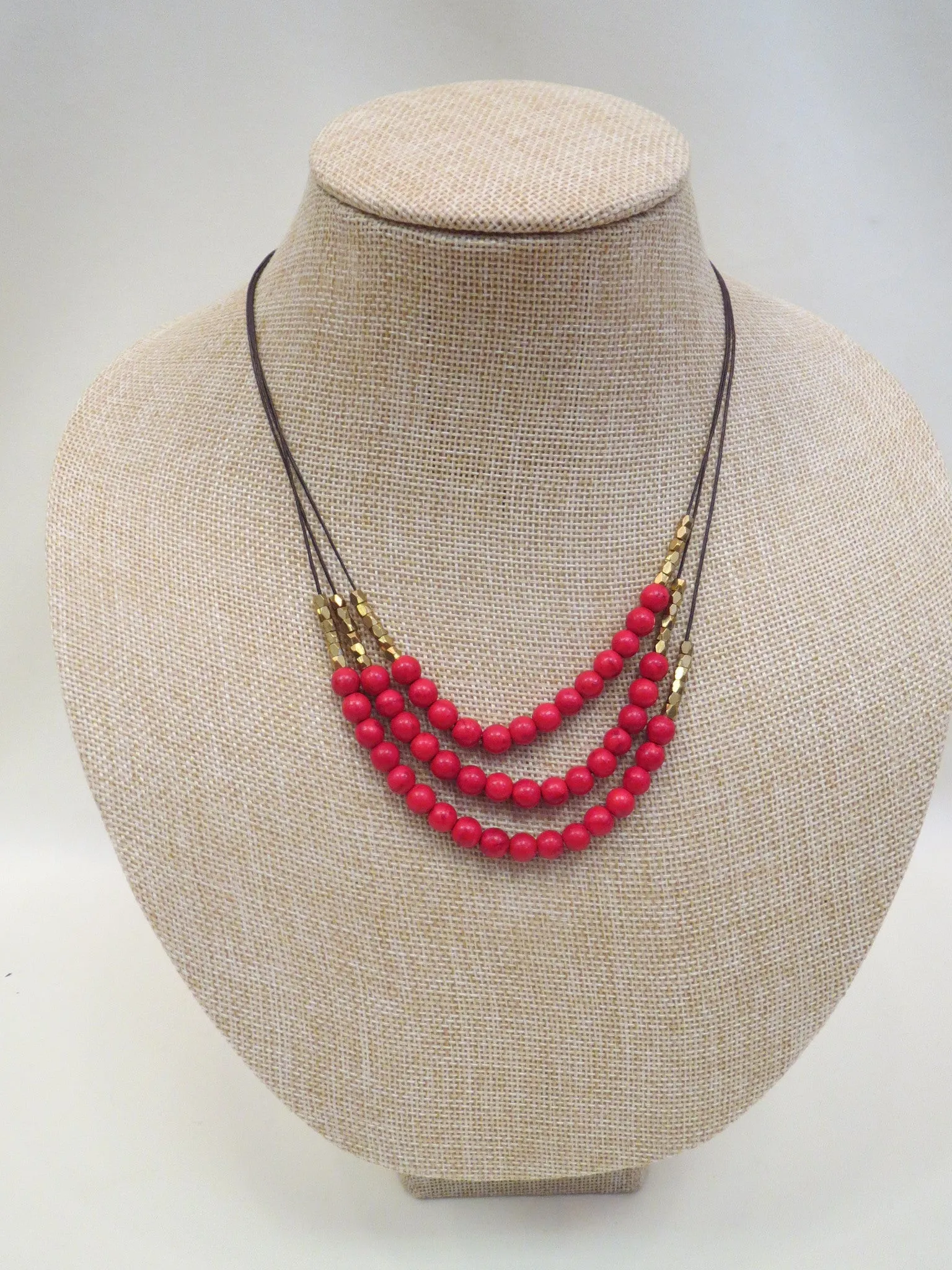ADO | 3 Layer Red & Gold Beaded Necklace on Cords