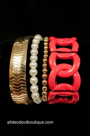ADO | Coral and Gold Chain Link Stretch Bracelet
