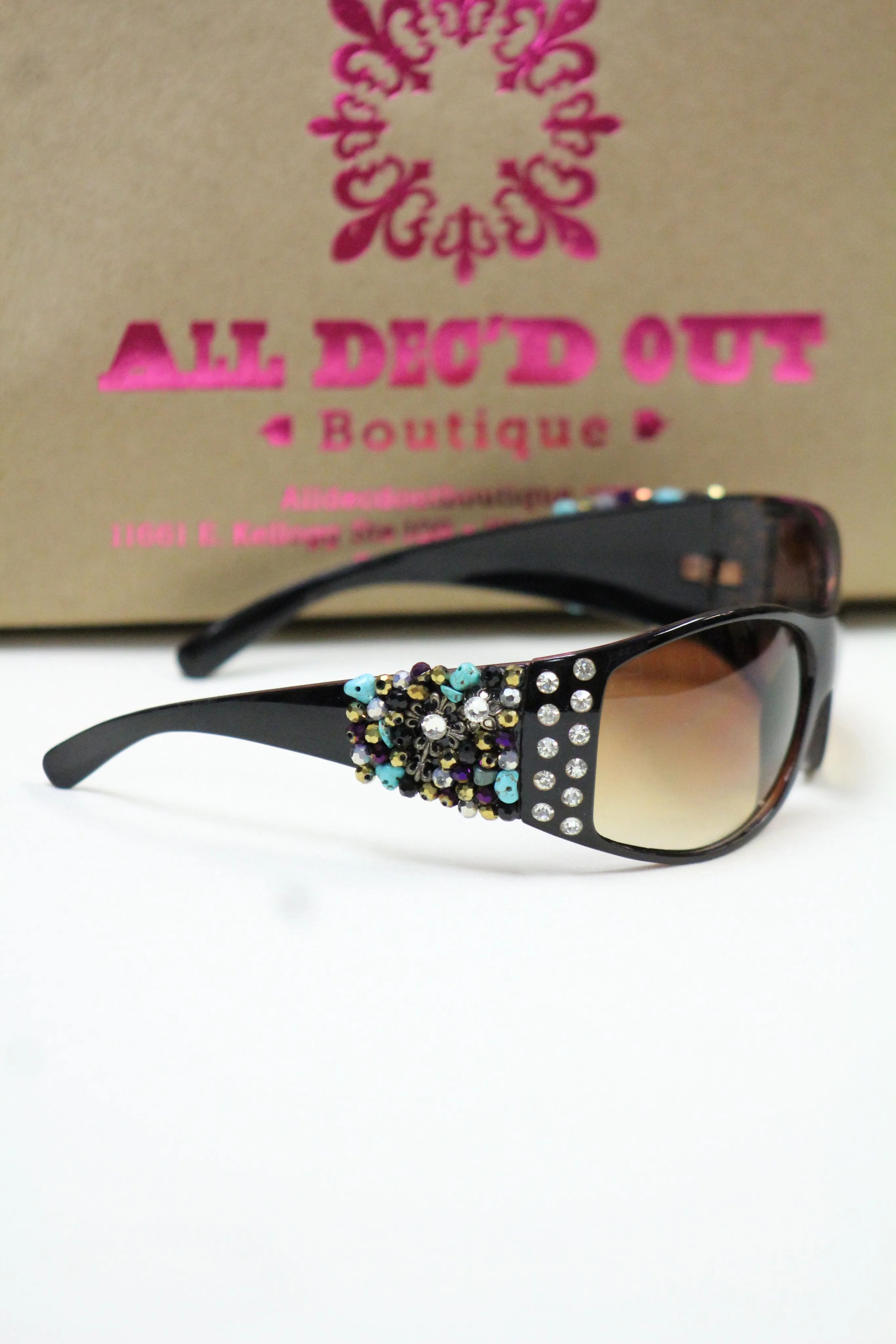 ADO | Customized Sunglasses Black with Cross & Bling Turquoise