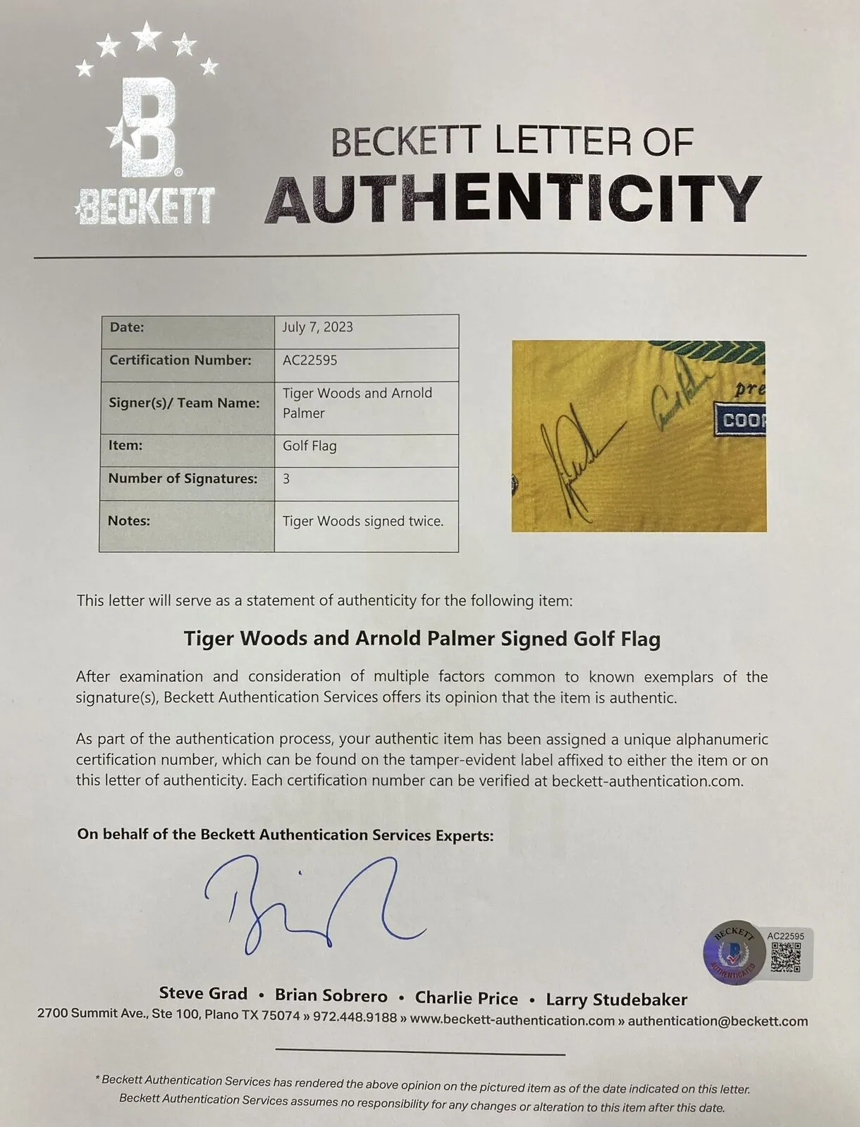 Arnold Palmer Tiger Woods Signed Framed Bay Hill Invitational Golf Flag BAS LOA