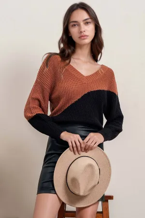 Asymmetrical Colorblock Back Tie Knit Sweater