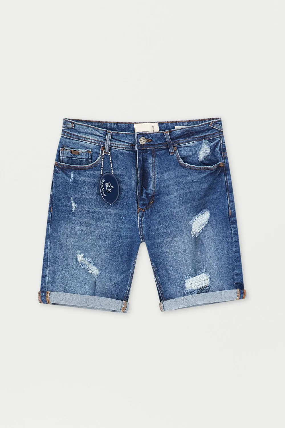 Basic Ripped Denim Bermuda Shorts