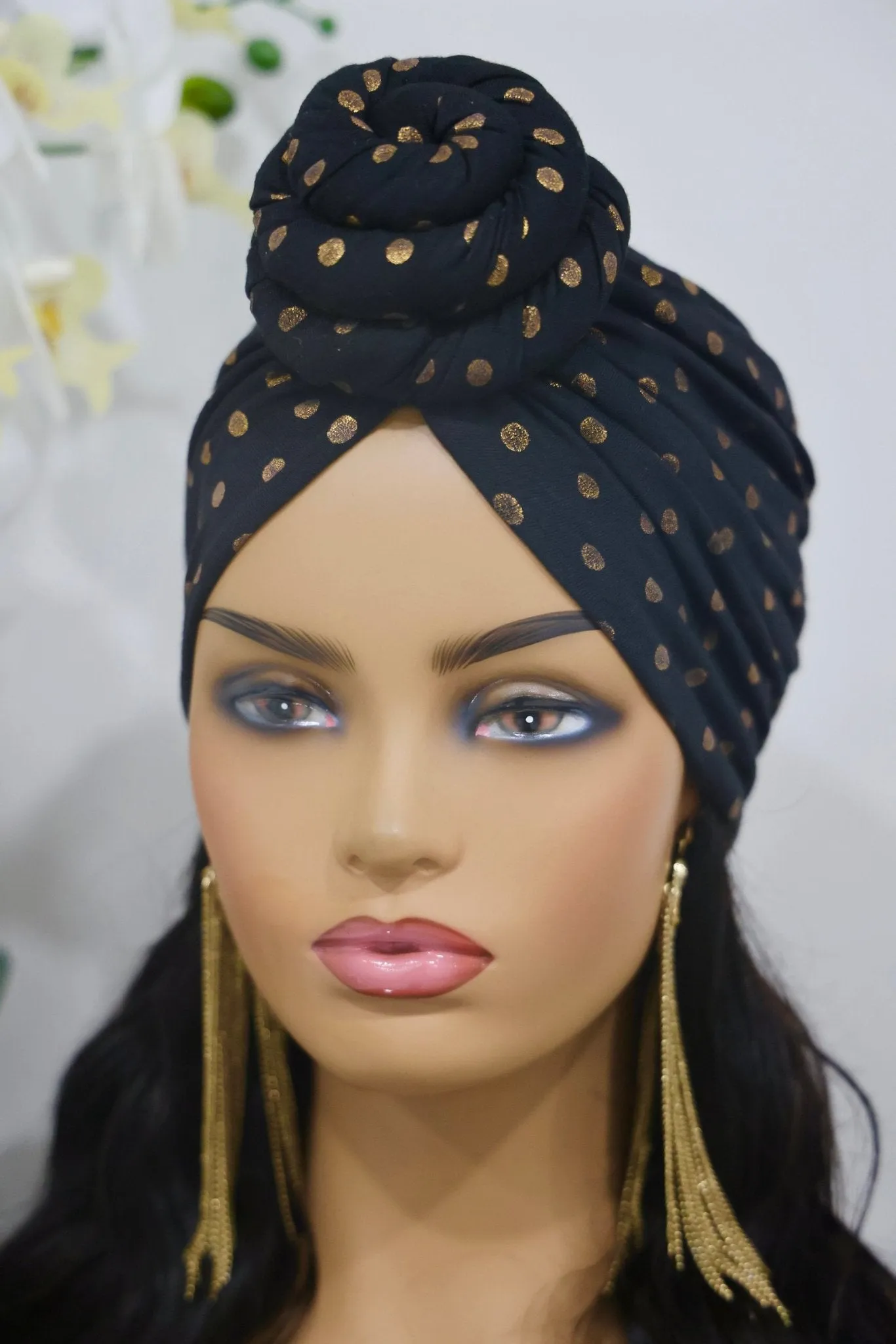 Black & Gold Polka Dot Turban Hat