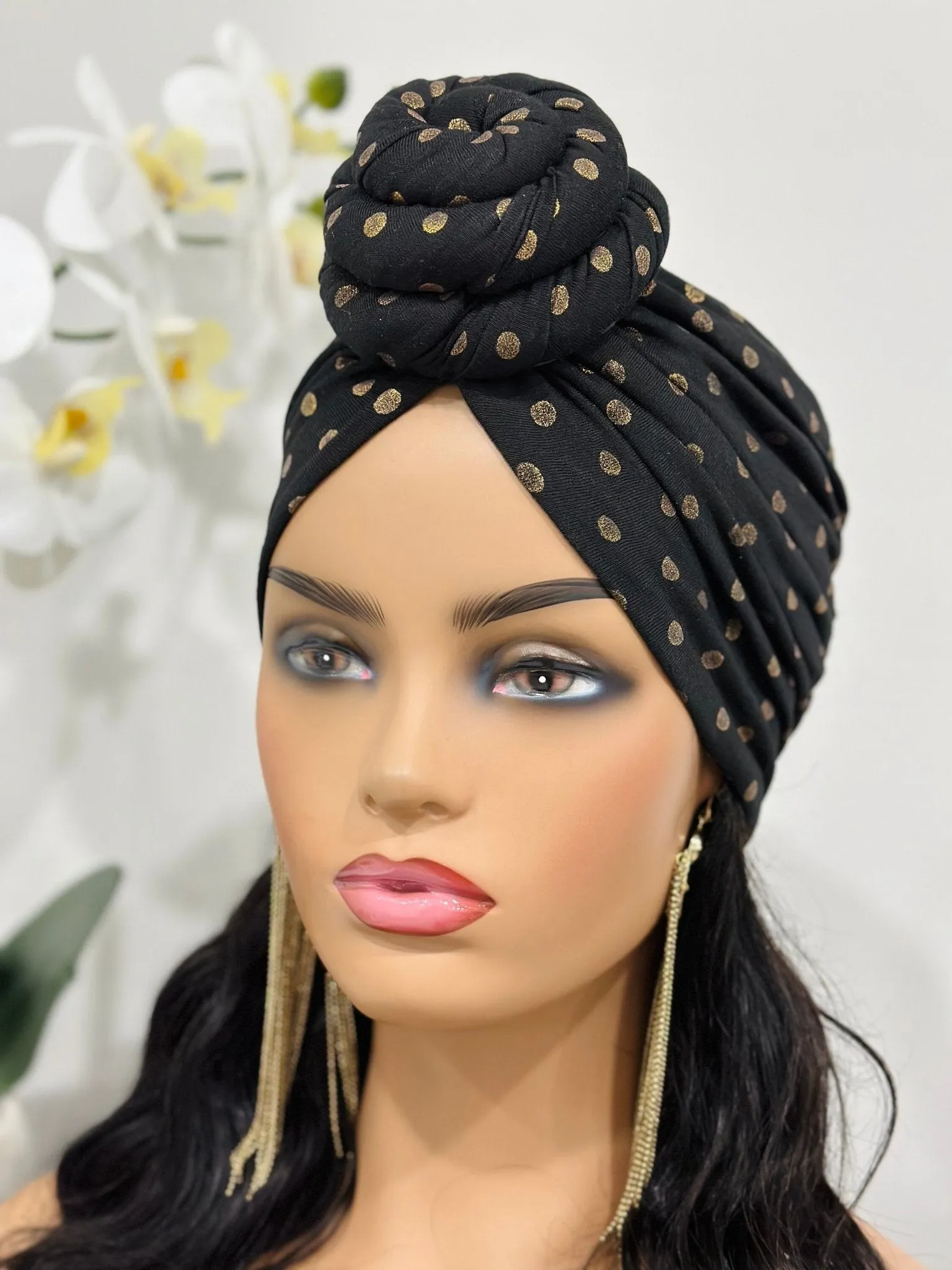 Black & Gold Polka Dot Turban Hat