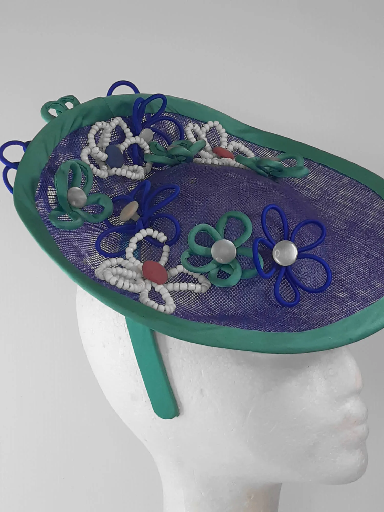 Blue and Green Saucer Hat by Melissa Rath Millinery