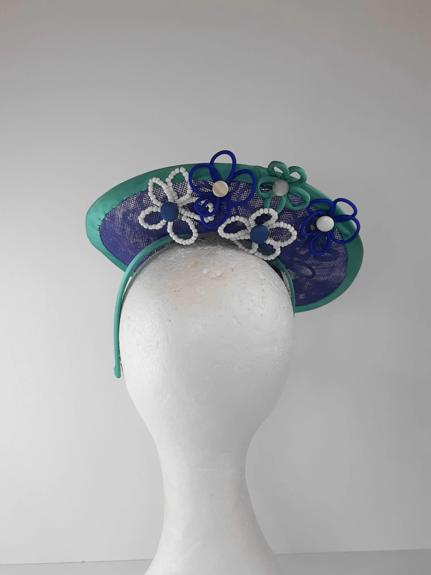 Blue and Green Saucer Hat by Melissa Rath Millinery