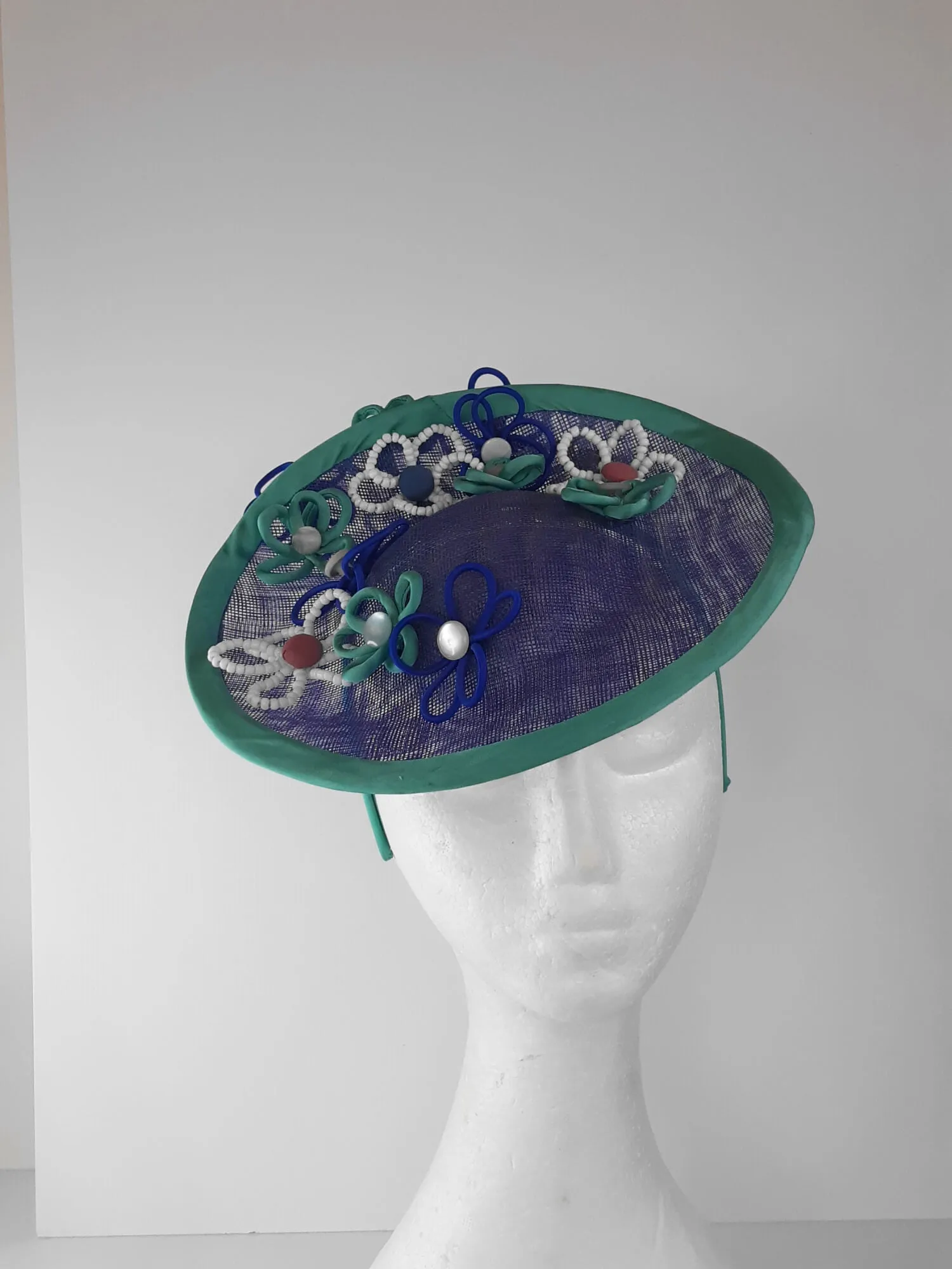 Blue and Green Saucer Hat by Melissa Rath Millinery