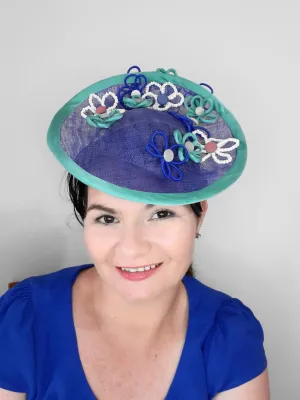 Blue and Green Saucer Hat by Melissa Rath Millinery