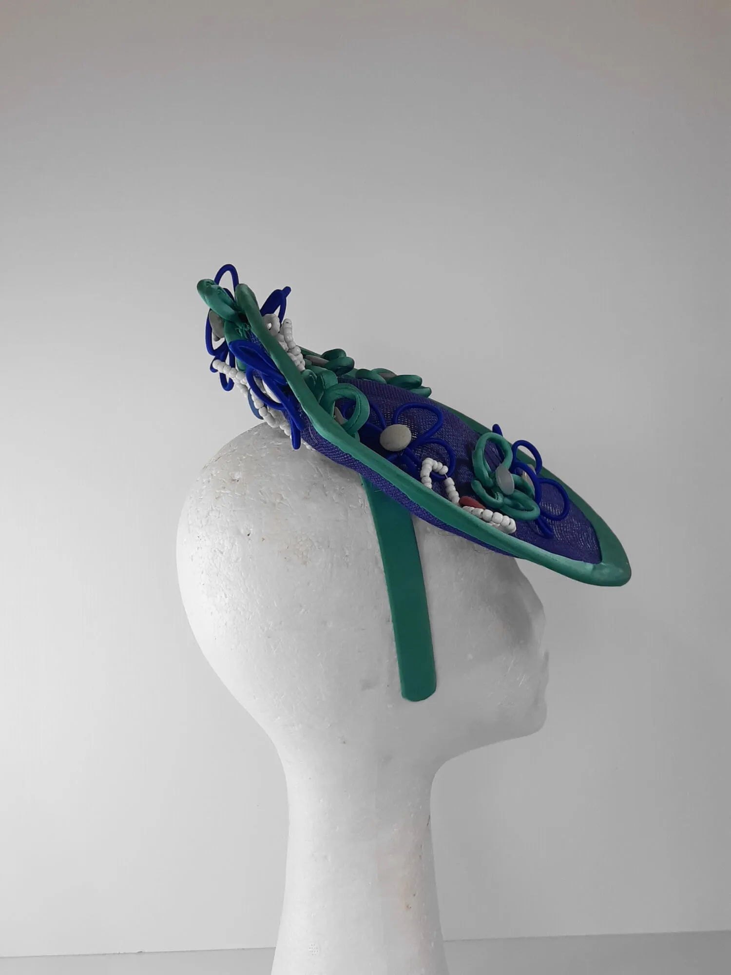 Blue and Green Saucer Hat by Melissa Rath Millinery