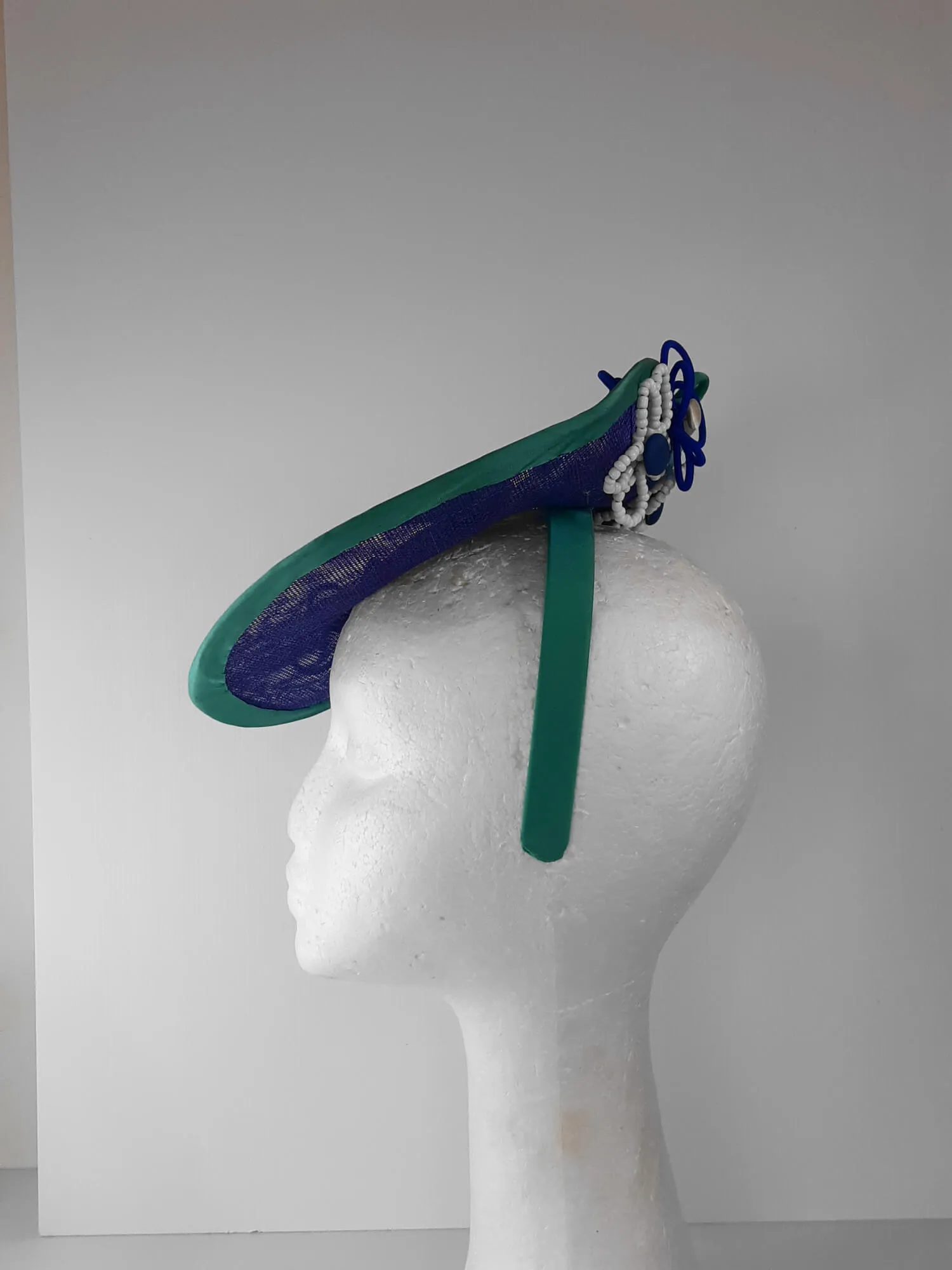 Blue and Green Saucer Hat by Melissa Rath Millinery