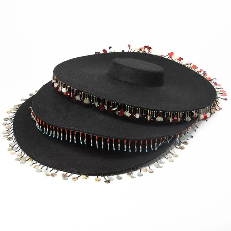 Bohemian Style Beaded Fringe Wool Felt Hat - Black