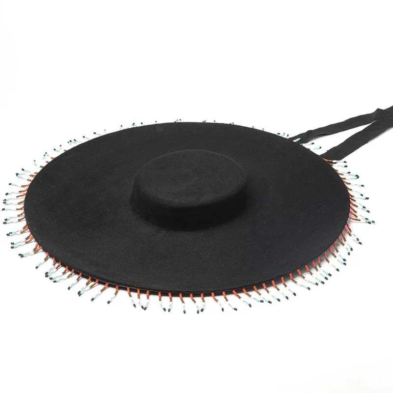 Bohemian Style Beaded Fringe Wool Felt Hat - Black