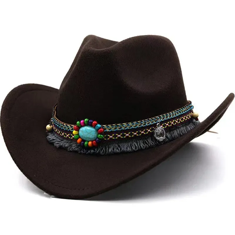 Chapéu fedora feminino, chapéu de aba virada, chapéu de jazz de lã, estilo étnico