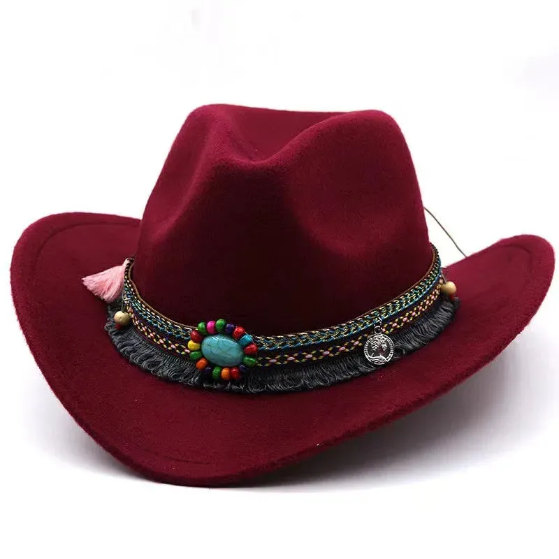 Chapéu fedora feminino, chapéu de aba virada, chapéu de jazz de lã, estilo étnico