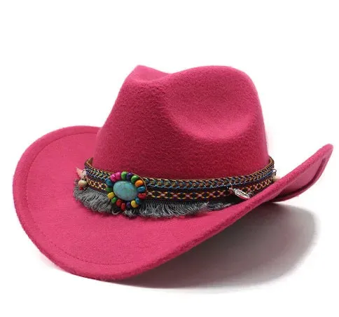 Chapéu fedora feminino, chapéu de aba virada, chapéu de jazz de lã, estilo étnico