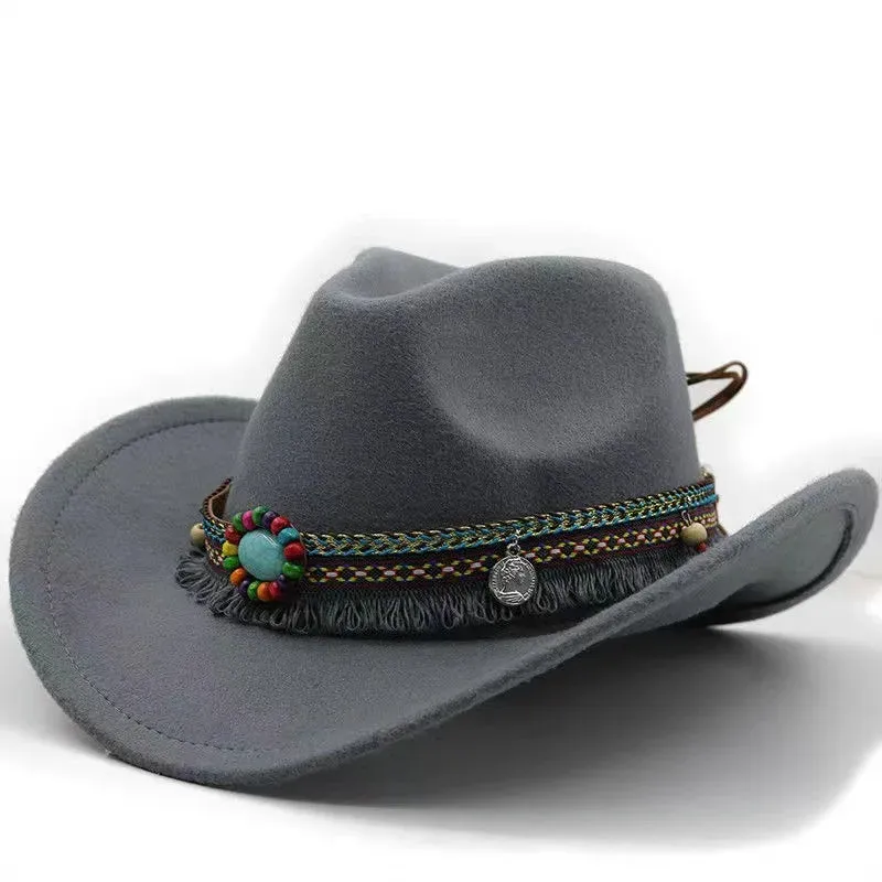 Chapéu fedora feminino, chapéu de aba virada, chapéu de jazz de lã, estilo étnico