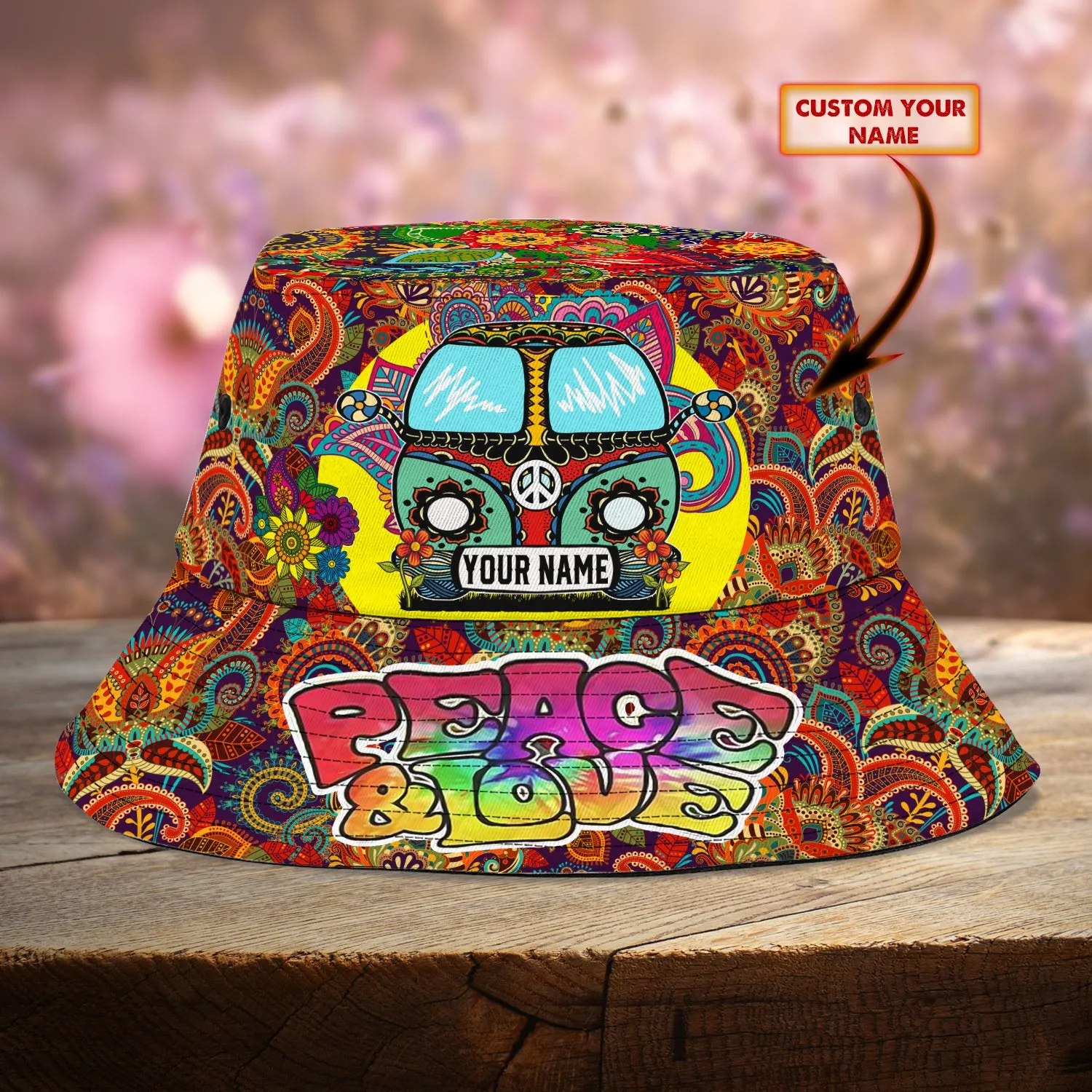 Custom Bucket Hat - Hippie Car - Peace & Love
