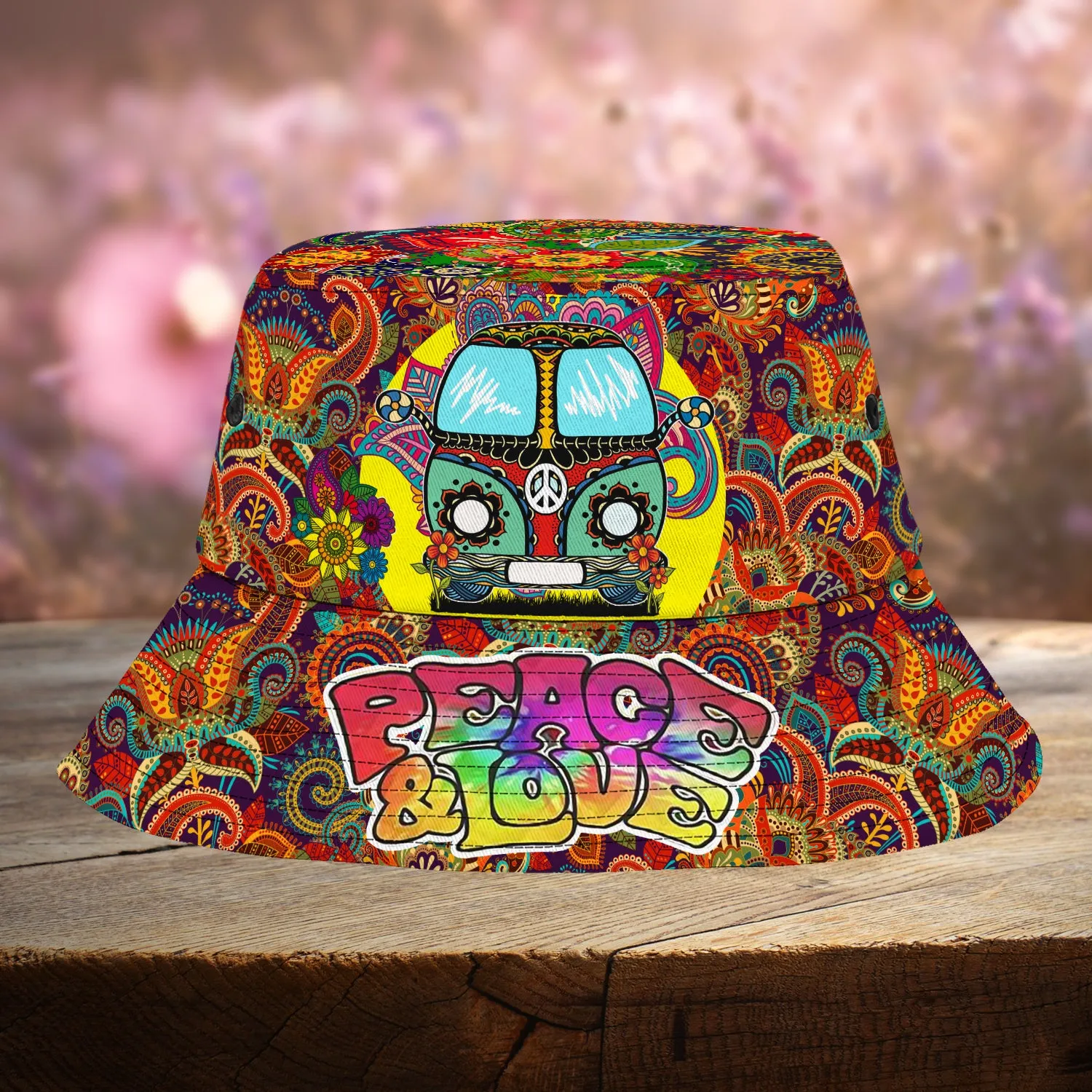 Custom Bucket Hat - Hippie Car - Peace & Love