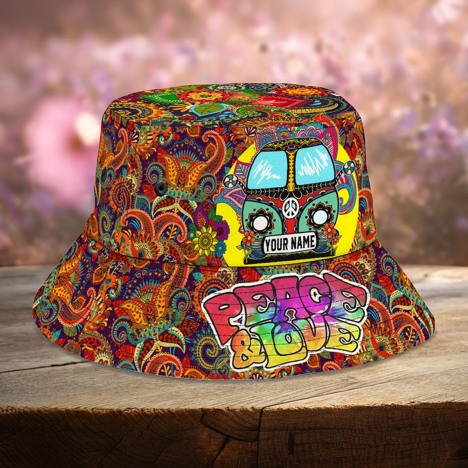 Custom Bucket Hat - Hippie Car - Peace & Love