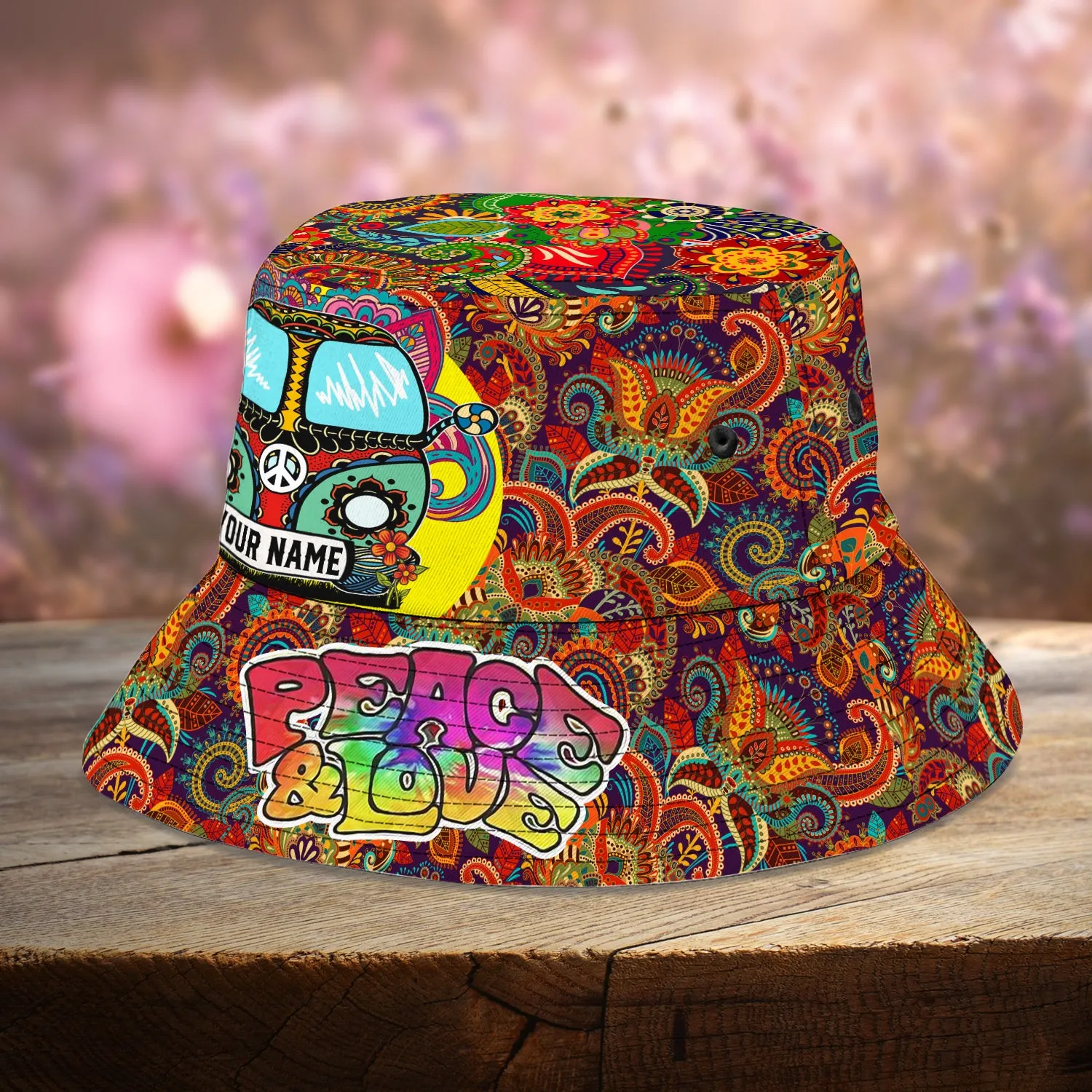 Custom Bucket Hat - Hippie Car - Peace & Love