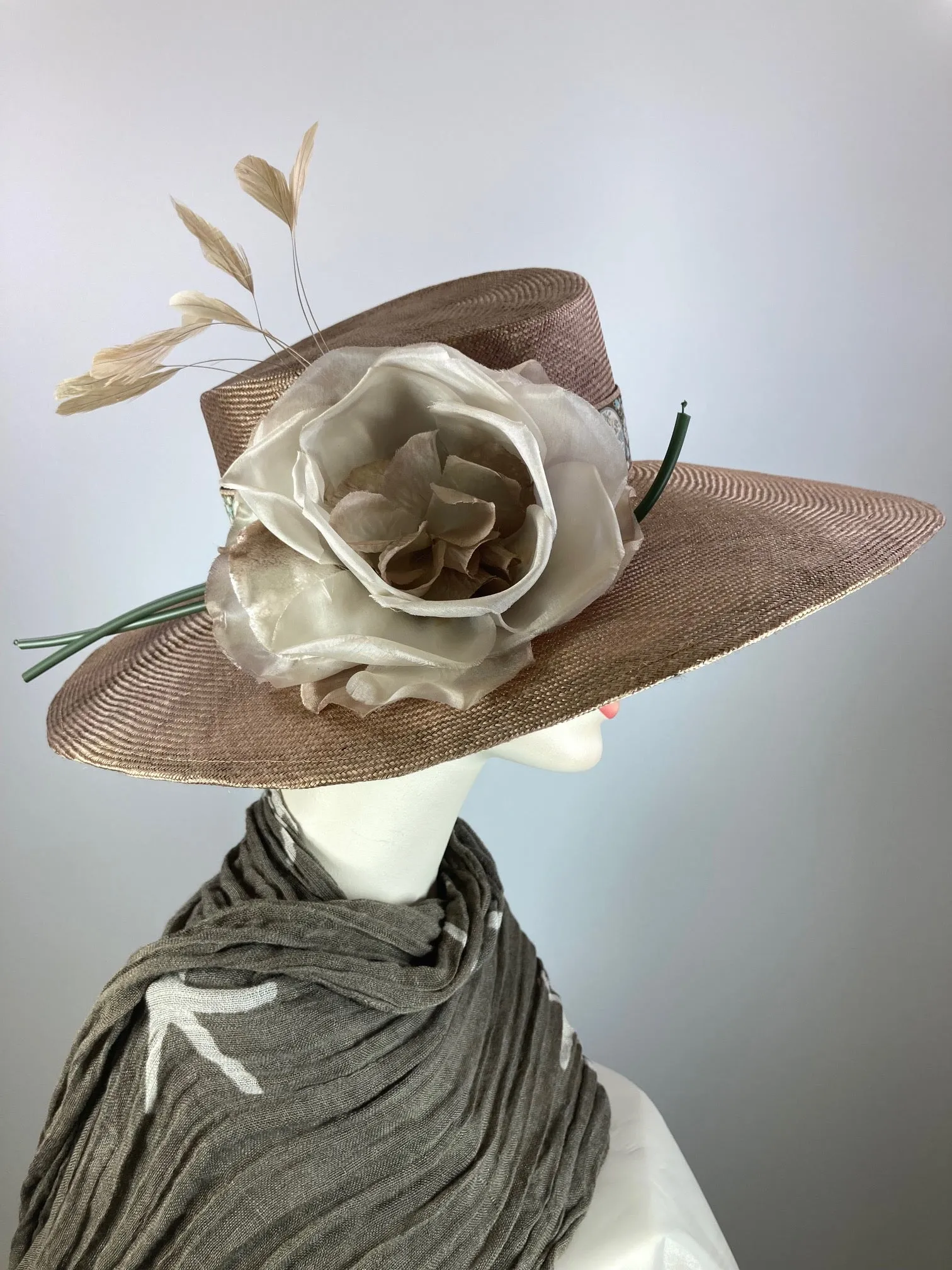 Dark tan mocha wide brim hat. Kentucky Derby Hat. Carraige Driving Hat. Neutral blue fancy dress hat. One of a kind wide brim hat.