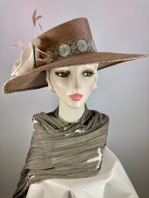 Dark tan mocha wide brim hat. Kentucky Derby Hat. Carraige Driving Hat. Neutral blue fancy dress hat. One of a kind wide brim hat.