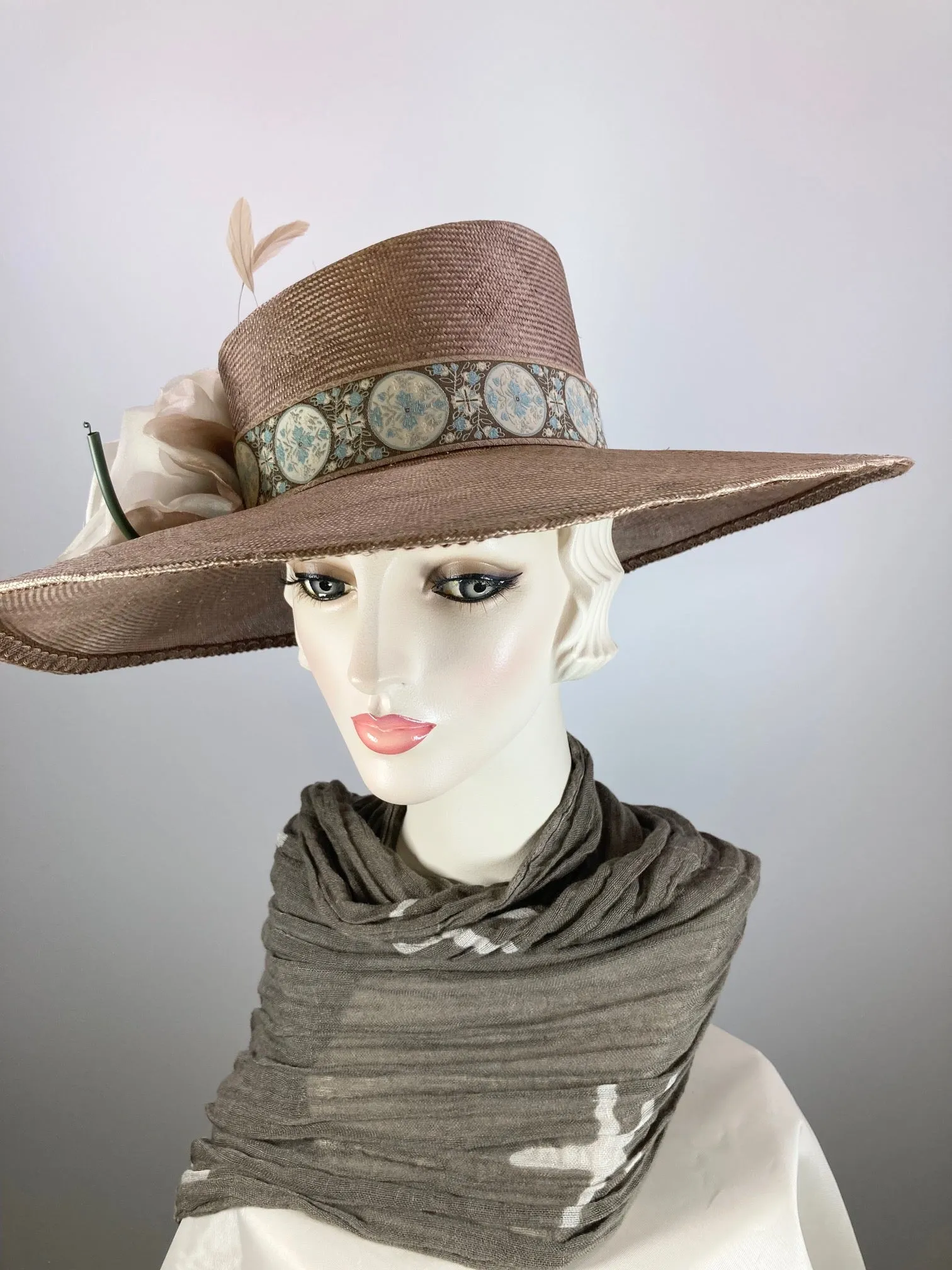 Dark tan mocha wide brim hat. Kentucky Derby Hat. Carraige Driving Hat. Neutral blue fancy dress hat. One of a kind wide brim hat.