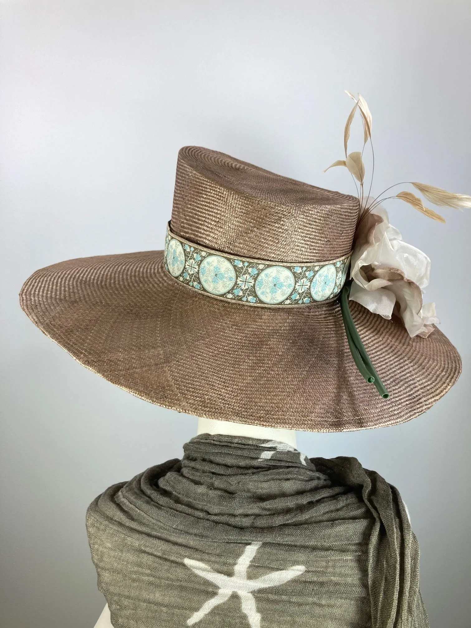 Dark tan mocha wide brim hat. Kentucky Derby Hat. Carraige Driving Hat. Neutral blue fancy dress hat. One of a kind wide brim hat.
