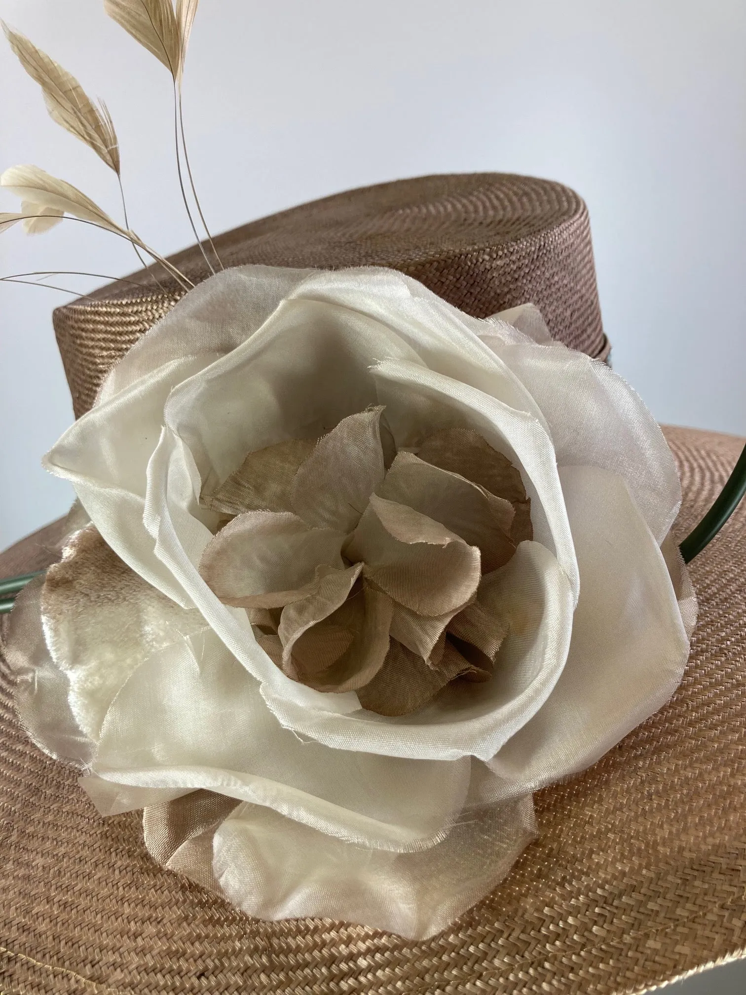 Dark tan mocha wide brim hat. Kentucky Derby Hat. Carraige Driving Hat. Neutral blue fancy dress hat. One of a kind wide brim hat.