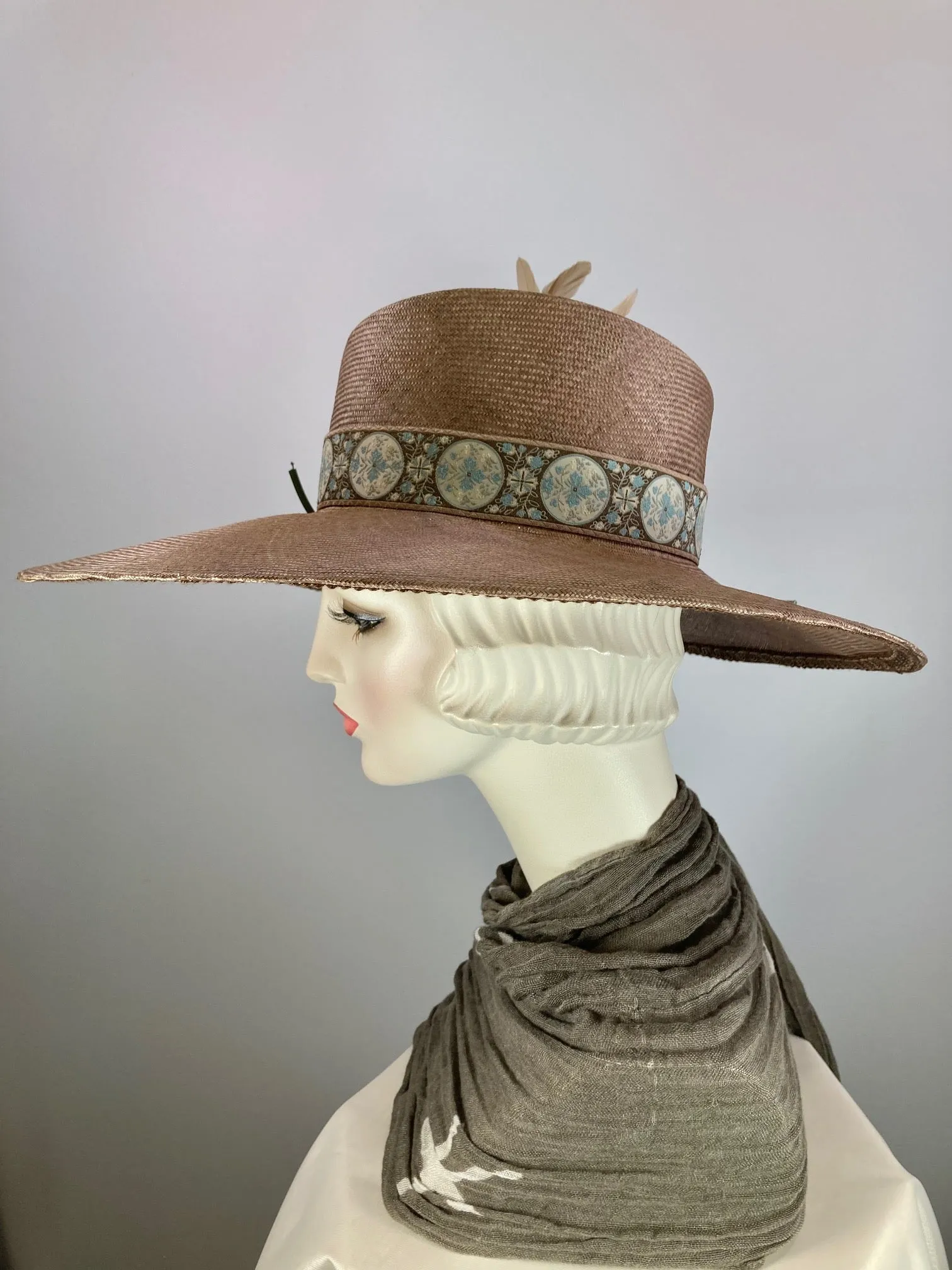 Dark tan mocha wide brim hat. Kentucky Derby Hat. Carraige Driving Hat. Neutral blue fancy dress hat. One of a kind wide brim hat.