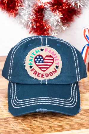 Distressed Blue 'Faith Family Freedom' Flag Heart Cap