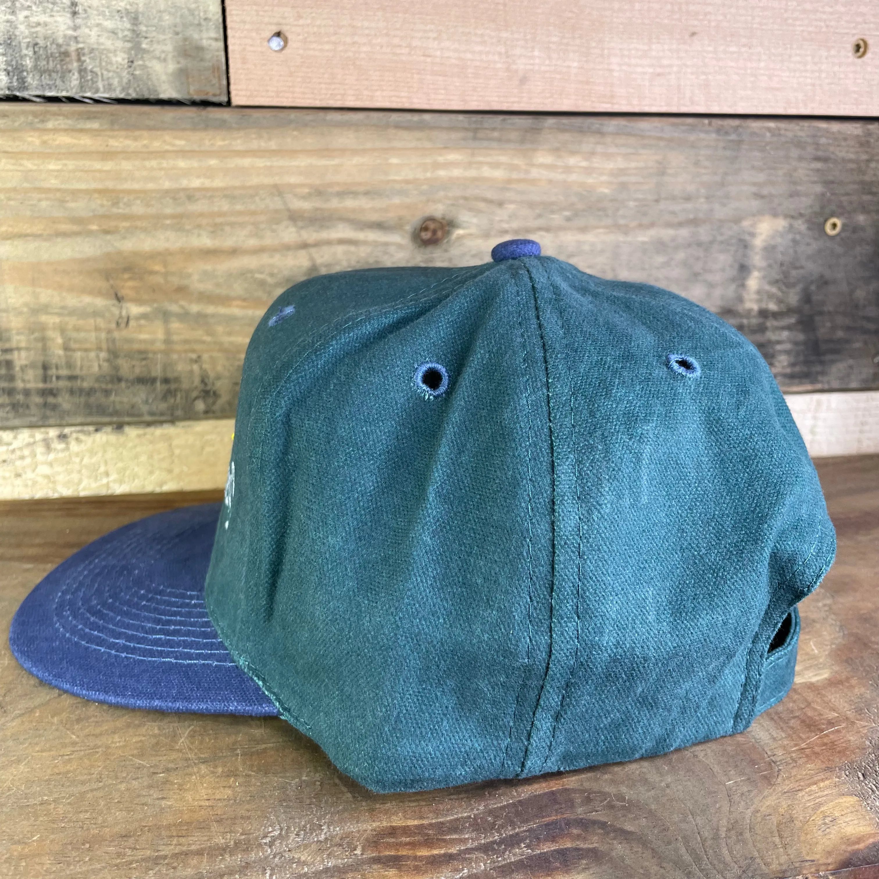 DUDE WHAT’S MY HAT SAY Vintage Navy Brim Green Strapback Cap Hat Custom Embroidered