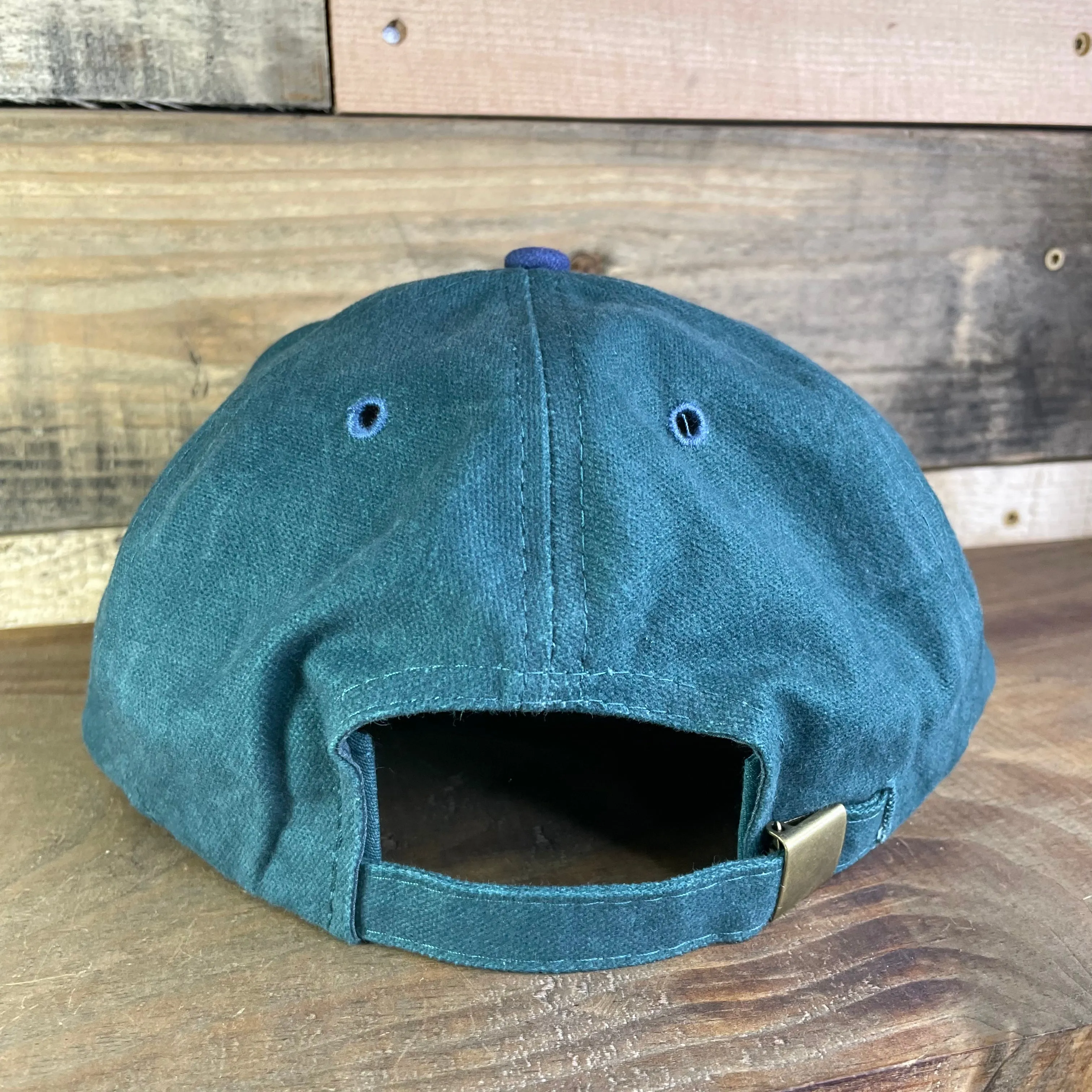 DUDE WHAT’S MY HAT SAY Vintage Navy Brim Green Strapback Cap Hat Custom Embroidered