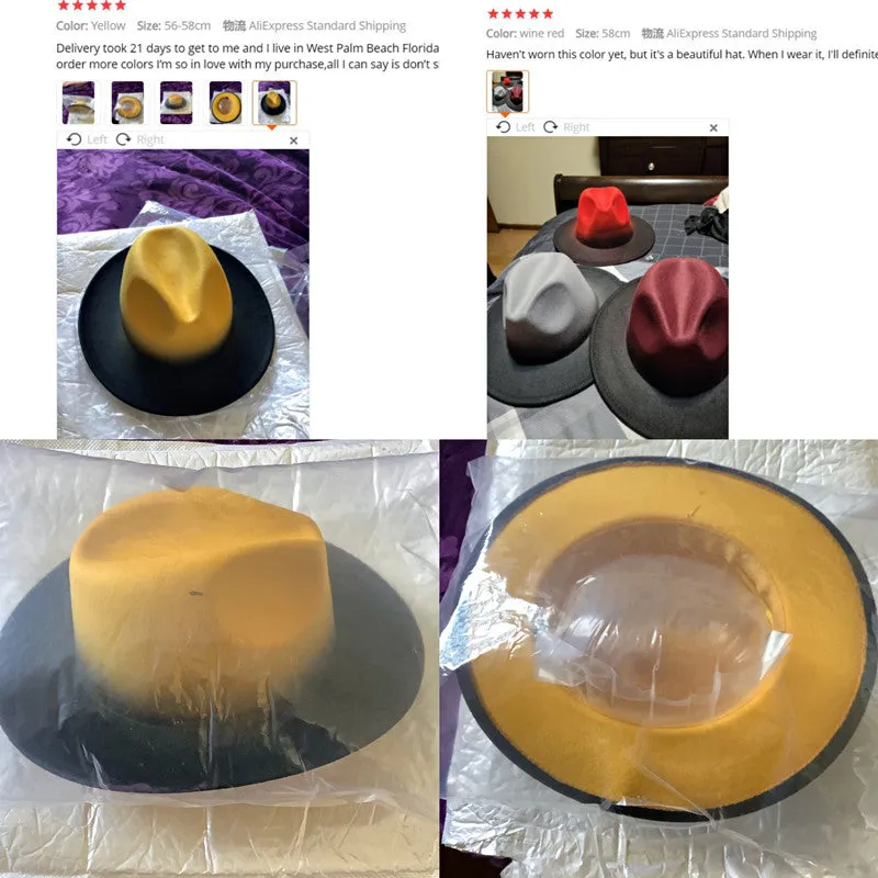 Fedora Hat Women Winter Felted Hats for Men Gradient Color Bowler Hat Wide Brim Design Luxury Casual Men Fedoras Chapeau Femme