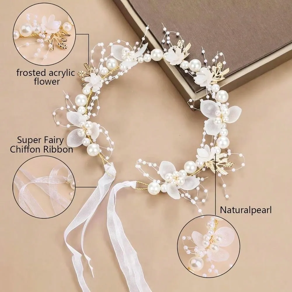 Flower Girl Hair Accessory, Princess Headpiece White, Wedding Hair Accessories For Kids, Flower Headband Pearl For Girl And Flower Girls Bridal Wedding Hair Band, Women Headbands (Gold) Tiaras