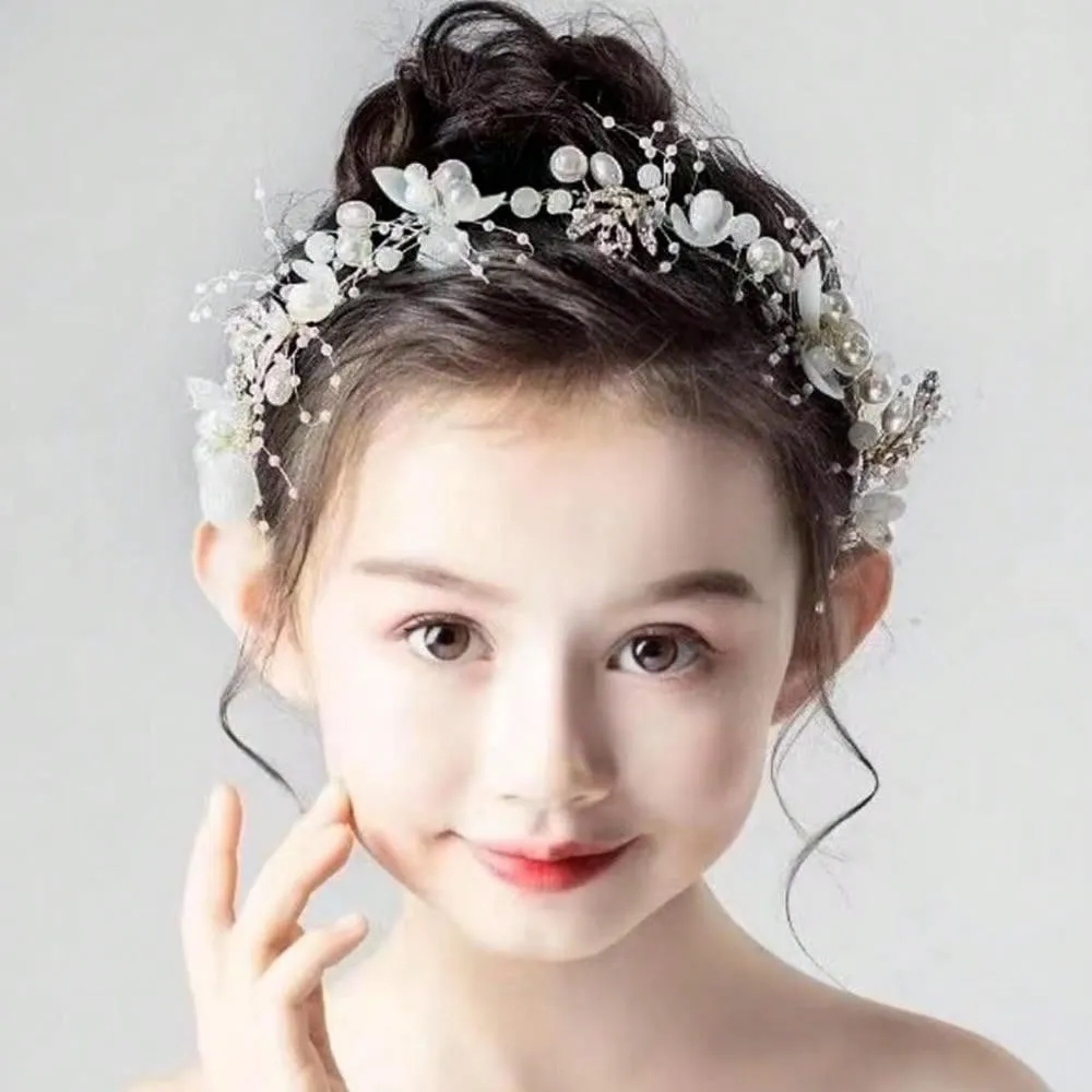 Flower Girl Hair Accessory, Princess Headpiece White, Wedding Hair Accessories For Kids, Flower Headband Pearl For Girl And Flower Girls Bridal Wedding Hair Band, Women Headbands (Gold) Tiaras