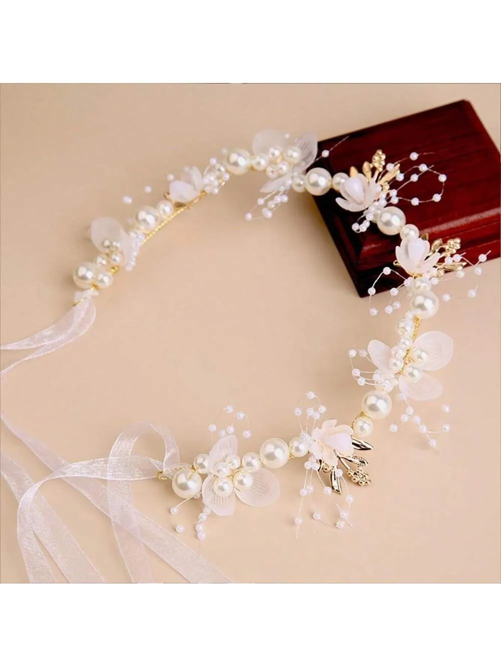 Flower Girl Hair Accessory, Princess Headpiece White, Wedding Hair Accessories For Kids, Flower Headband Pearl For Girl And Flower Girls Bridal Wedding Hair Band, Women Headbands (Gold) Tiaras