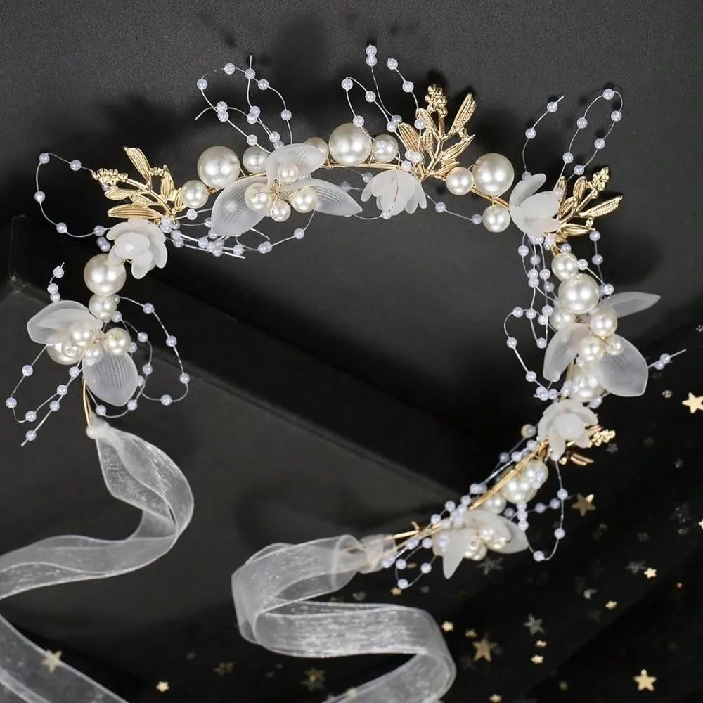 Flower Girl Hair Accessory, Princess Headpiece White, Wedding Hair Accessories For Kids, Flower Headband Pearl For Girl And Flower Girls Bridal Wedding Hair Band, Women Headbands (Gold) Tiaras