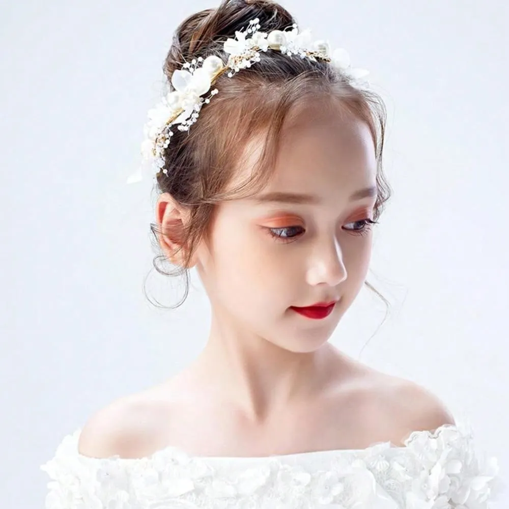 Flower Girl Hair Accessory, Princess Headpiece White, Wedding Hair Accessories For Kids, Flower Headband Pearl For Girl And Flower Girls Bridal Wedding Hair Band, Women Headbands (Gold) Tiaras