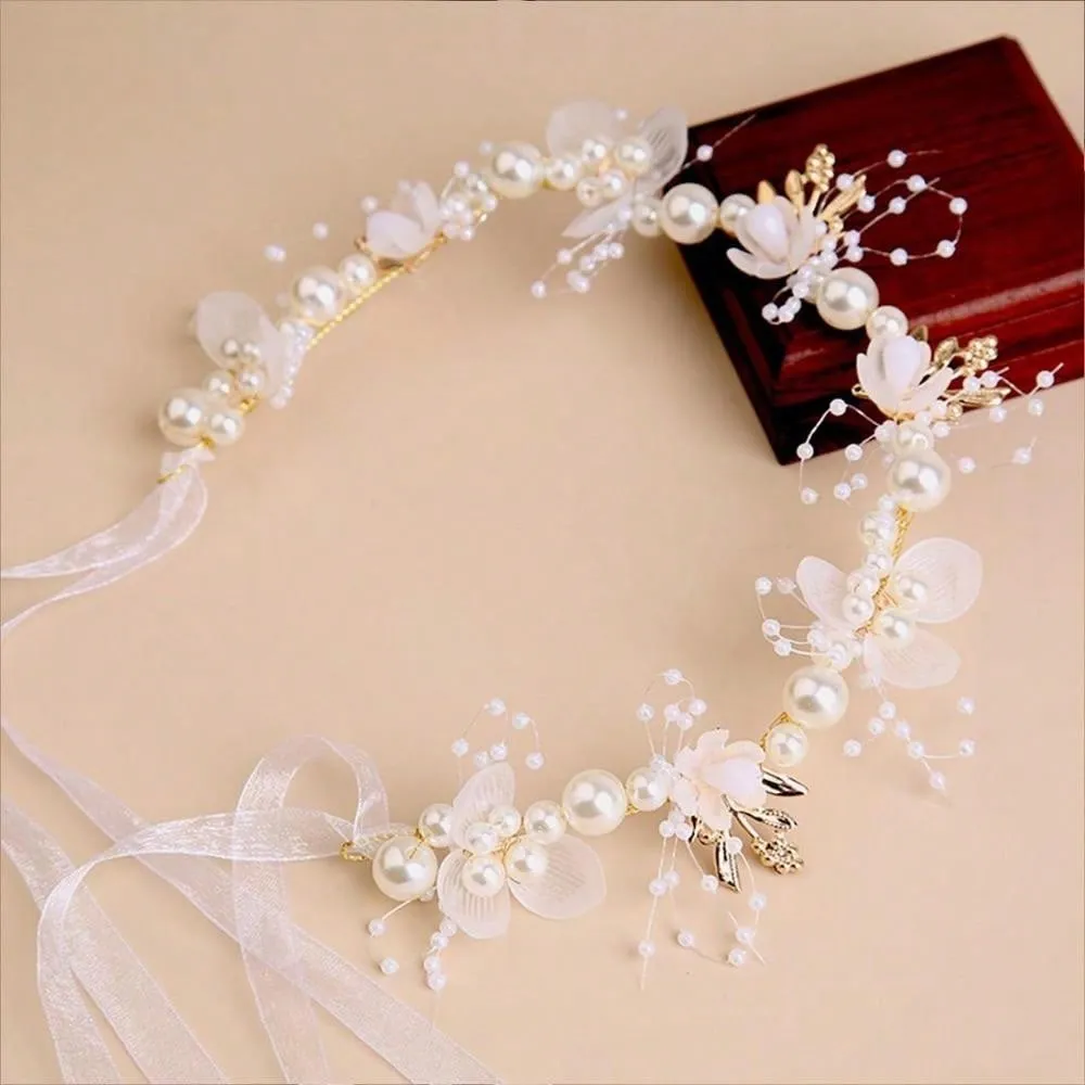 Flower Girl Hair Accessory, Princess Headpiece White, Wedding Hair Accessories For Kids, Flower Headband Pearl For Girl And Flower Girls Bridal Wedding Hair Band, Women Headbands (Gold) Tiaras