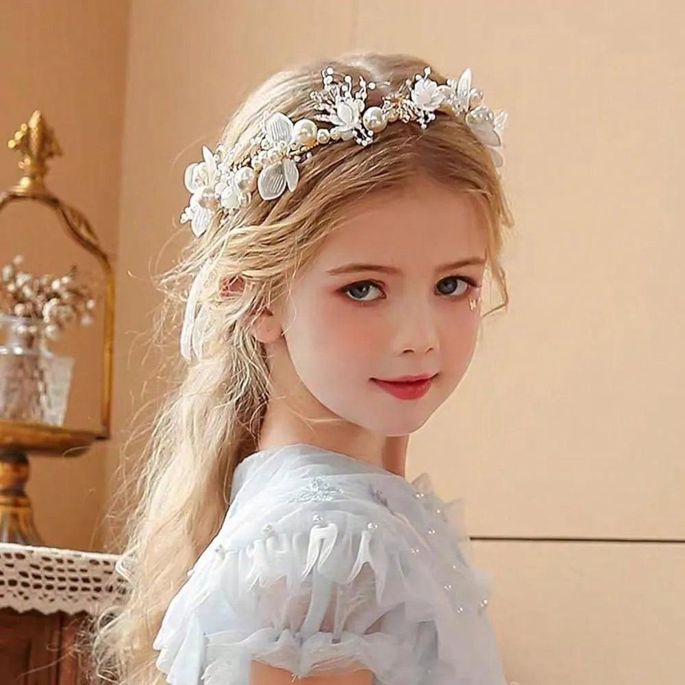 Flower Girl Hair Accessory, Princess Headpiece White, Wedding Hair Accessories For Kids, Flower Headband Pearl For Girl And Flower Girls Bridal Wedding Hair Band, Women Headbands (Gold) Tiaras