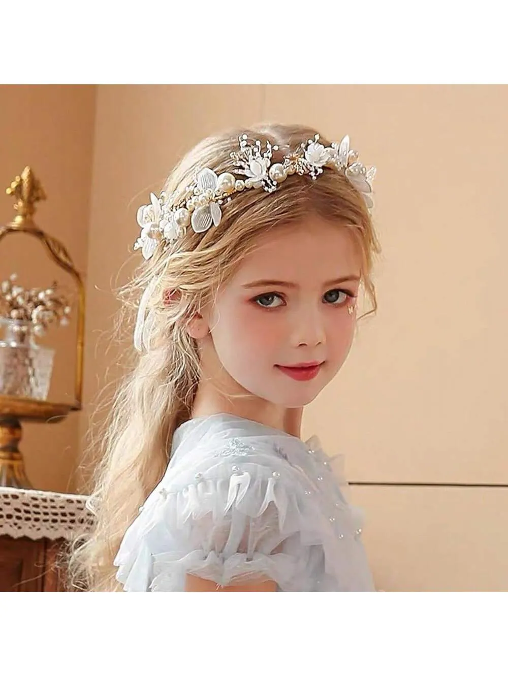 Flower Girl Hair Accessory, Princess Headpiece White, Wedding Hair Accessories For Kids, Flower Headband Pearl For Girl And Flower Girls Bridal Wedding Hair Band, Women Headbands (Gold) Tiaras