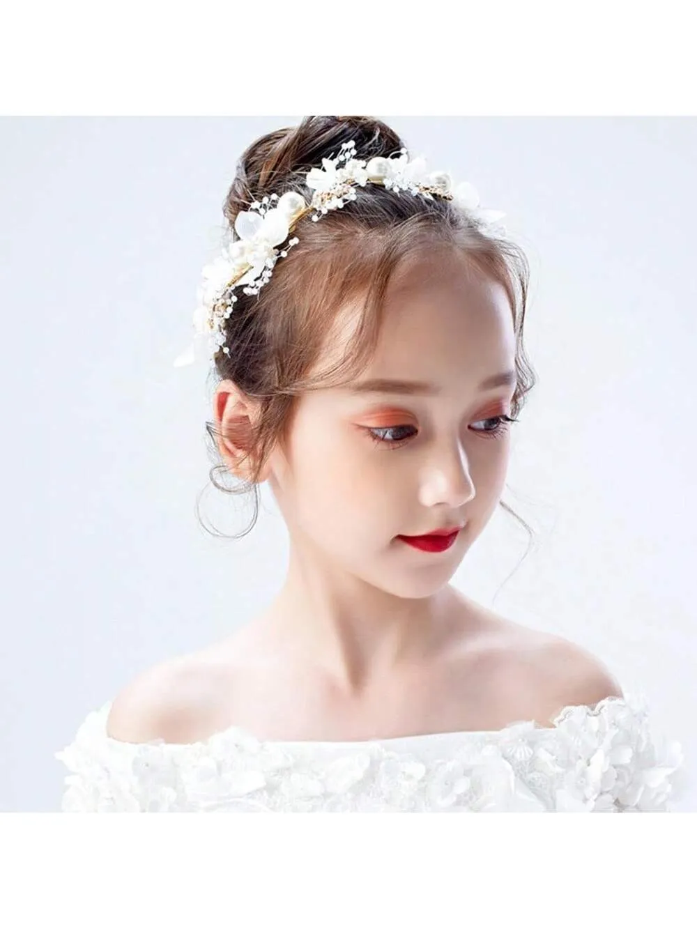 Flower Girl Hair Accessory, Princess Headpiece White, Wedding Hair Accessories For Kids, Flower Headband Pearl For Girl And Flower Girls Bridal Wedding Hair Band, Women Headbands (Gold) Tiaras