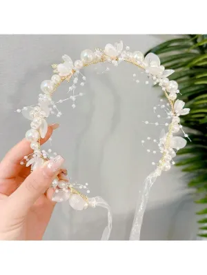 Flower Girl Hair Accessory, Princess Headpiece White, Wedding Hair Accessories For Kids, Flower Headband Pearl For Girl And Flower Girls Bridal Wedding Hair Band, Women Headbands (Gold) Tiaras