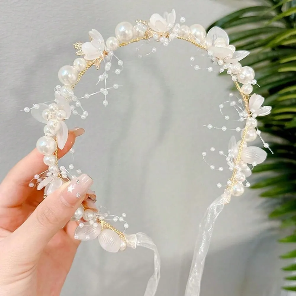 Flower Girl Hair Accessory, Princess Headpiece White, Wedding Hair Accessories For Kids, Flower Headband Pearl For Girl And Flower Girls Bridal Wedding Hair Band, Women Headbands (Gold) Tiaras