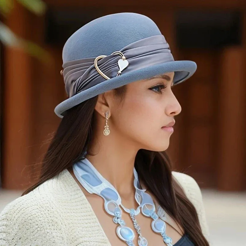 French Style Wool Bucket Sun Hat with Heart Buckle