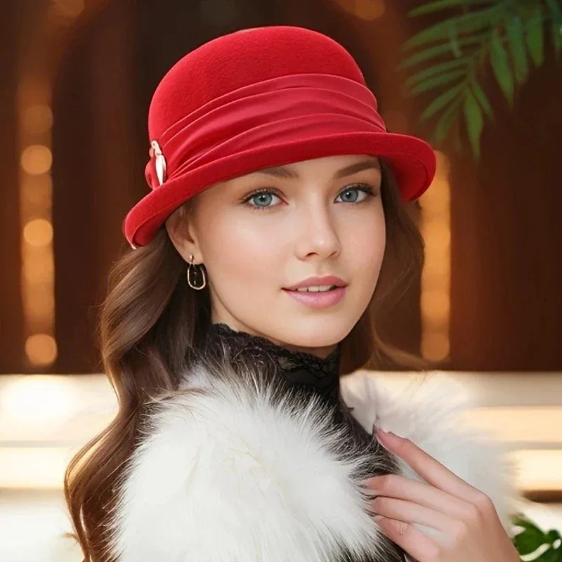 French Style Wool Bucket Sun Hat with Heart Buckle