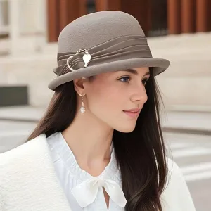 French Style Wool Bucket Sun Hat with Heart Buckle